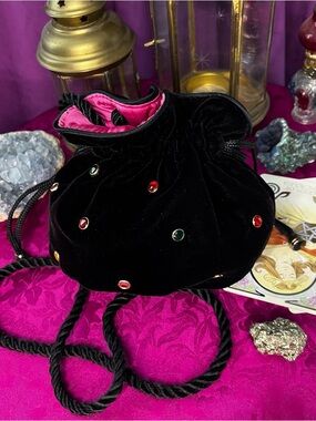 Bob Mackie Black Velvet Pink Satin-Lined Pouch Bucket Bag
